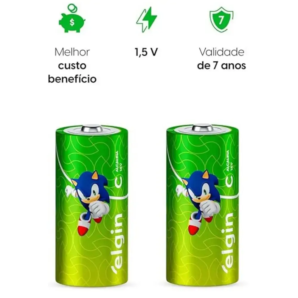 Pilha alcalina média tipo c 1,5V LR20 com 2 unidades Elgin — fotografia 3