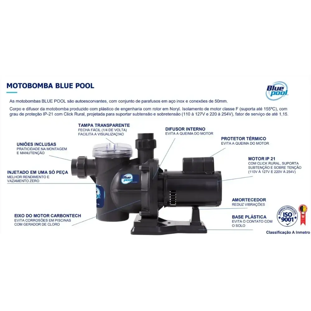 Bomba para piscina 1/2CV mono IP21 com proteção elétrica Bluepool — fotografia 4