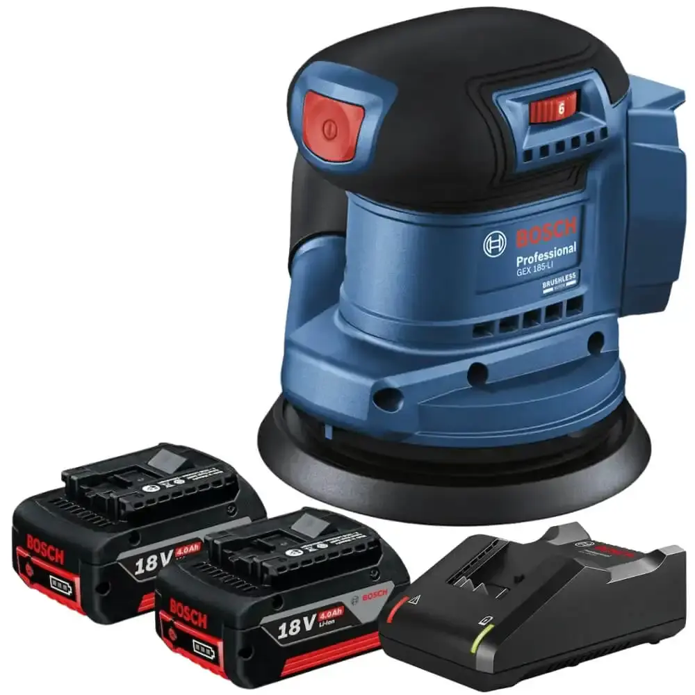 Lixadeira roto orbital 18V GEX 185-LI com 2 baterias 18V e carregador bivolt Bosch — fotografia de referência