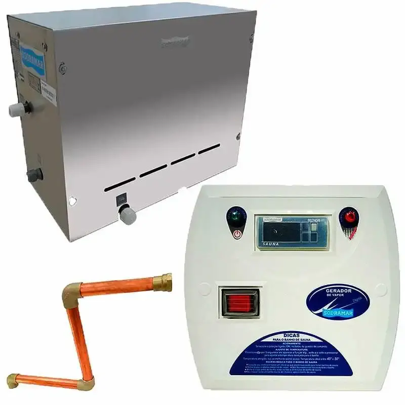 Gerador de vapor inox sauna 12,0KW 220V com quadro analógico, termostato e kit instalação Sodramar 220 V — fotografia de referência