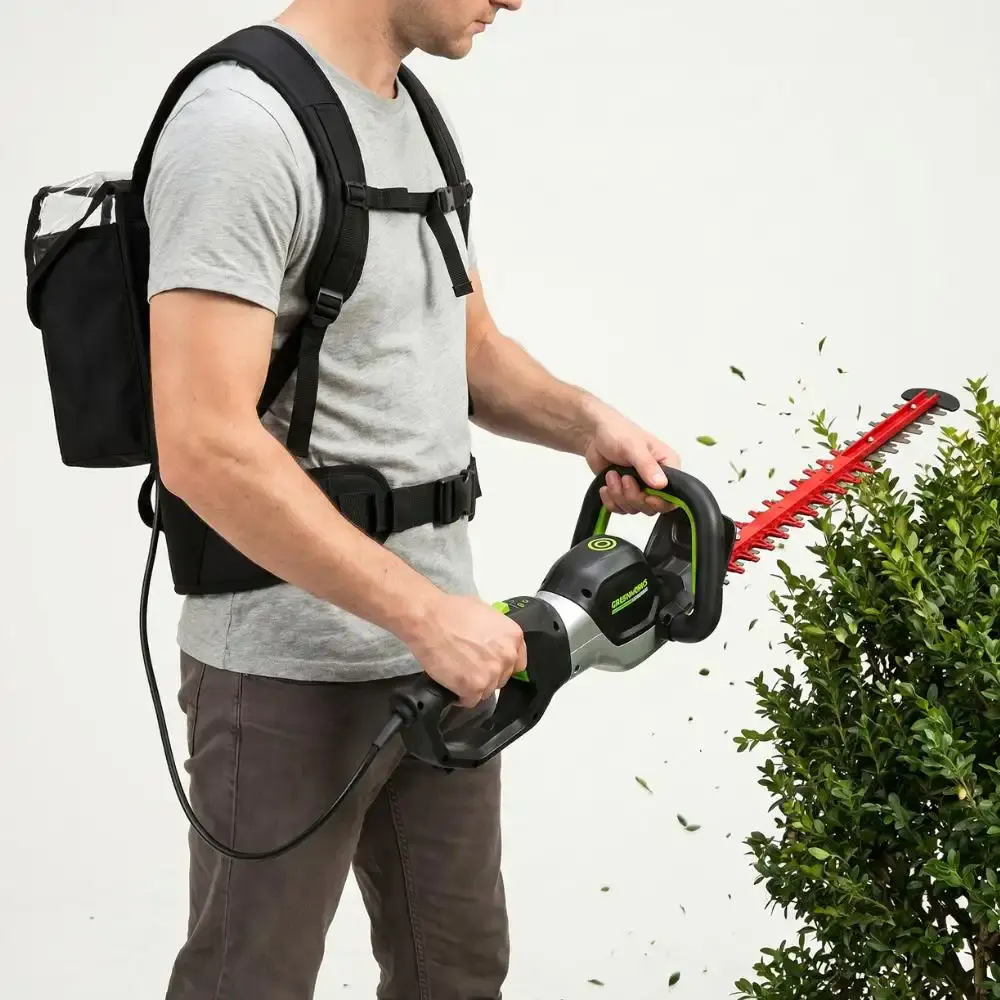 Aparador de cerca viva 82V com mochila + bateria 4,0AH + carregador bivolt Greenworks — fotografia 5