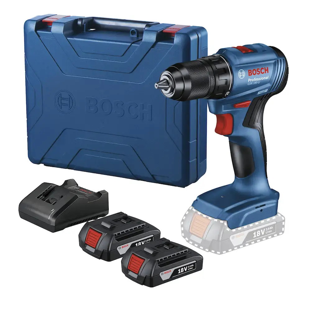 Parafusadeira furadeira 18V GSR 185-LI com 2 baterias 2,0 ah, carregador e maleta Bosch — fotografia de referência