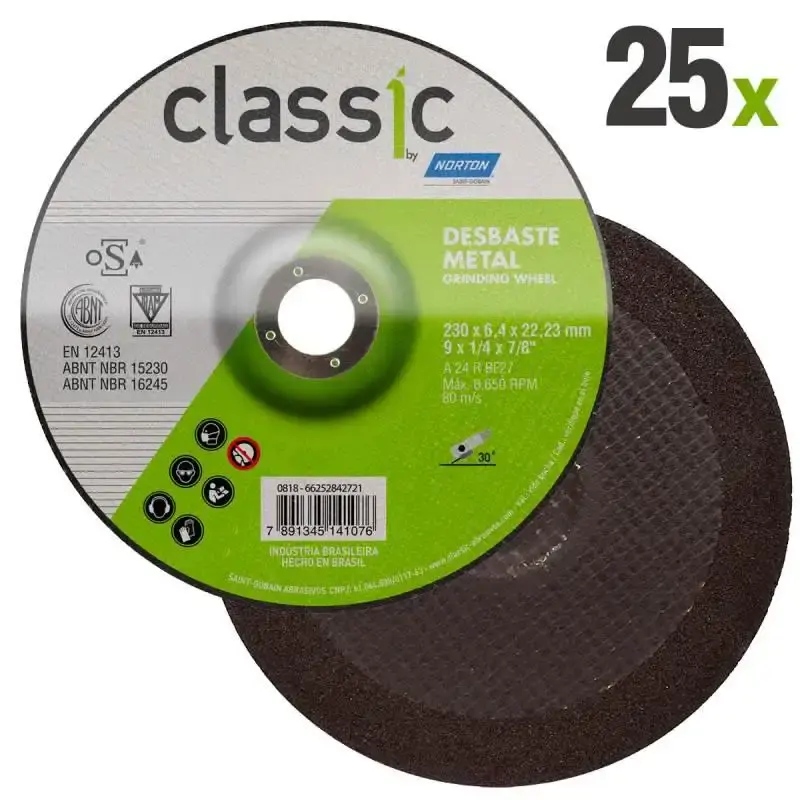 Disco de Desbaste Metal 9 POL x 6.4 MM Furo 7/8 POL Classic Kit 25 Peças NORTON — fotografia de referência