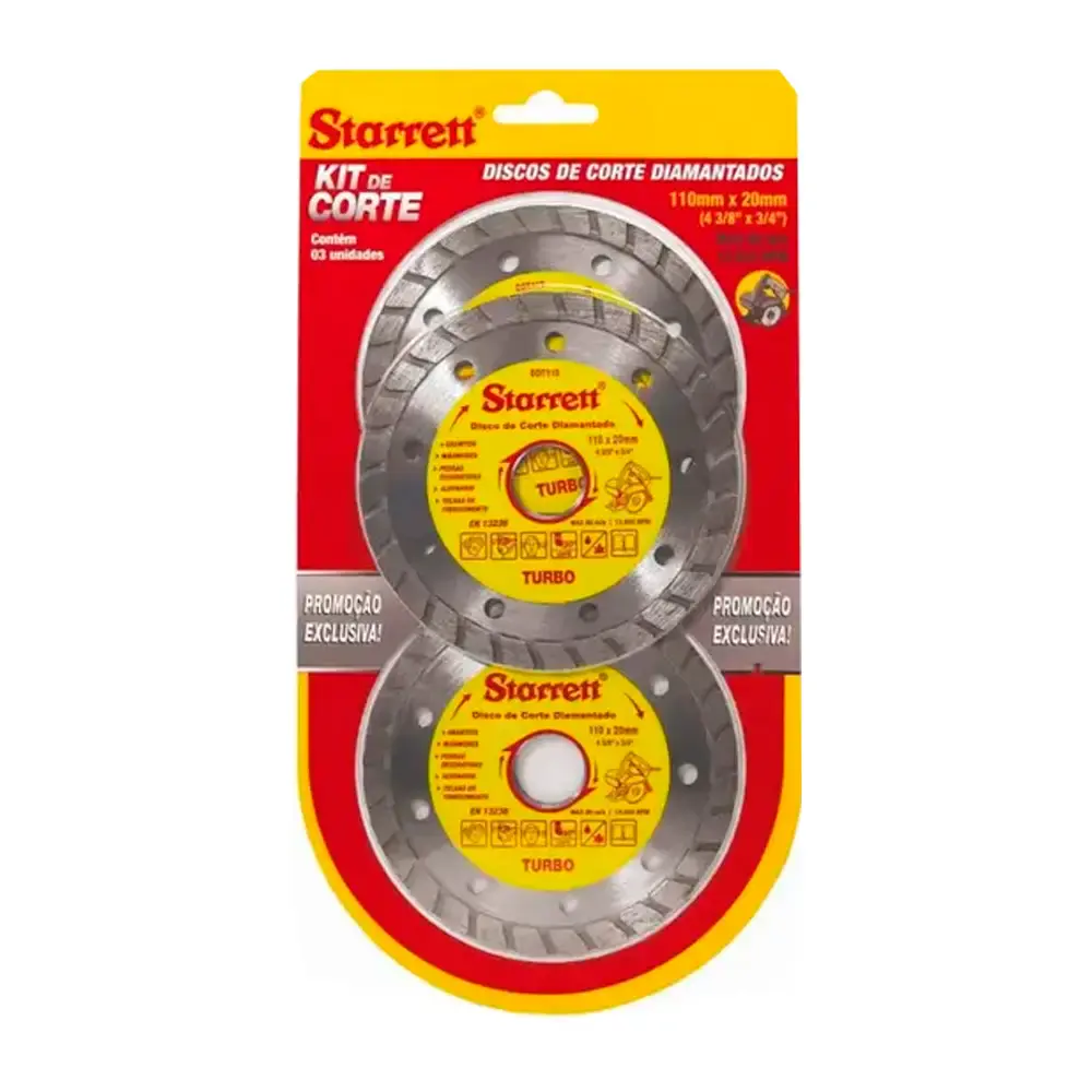 Kit discos diamantados turbo 4.3/8" com 3 peças KDDT110-3 Starrett — fotografia de referência
