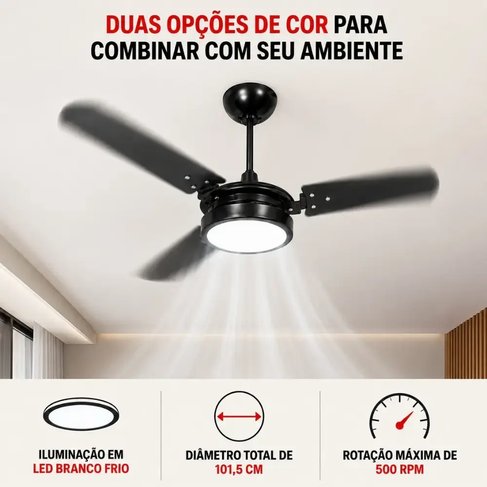 Ventilador de teto ventus 3 pás com LED 6K casa LYS Branco 110 V — fotografia 7
