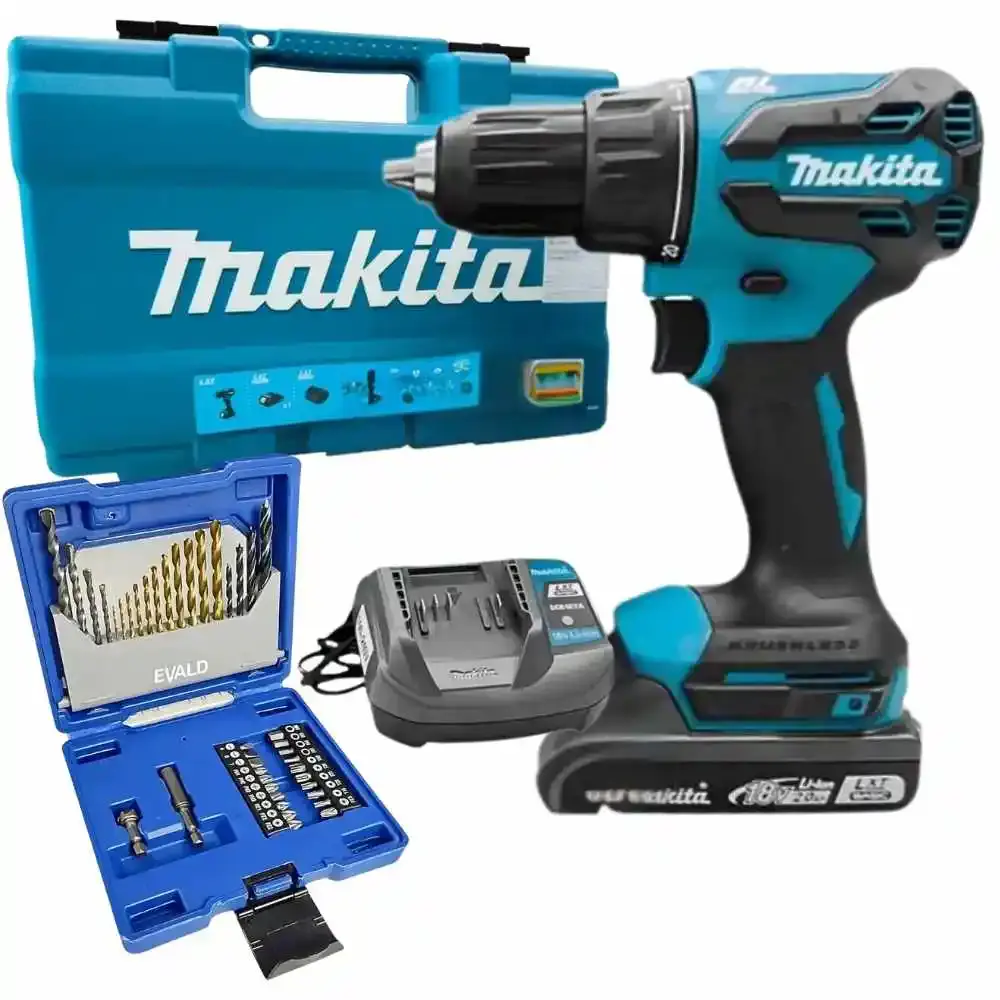 Parafusadeira de impacto bateria 18V carregador e maleta 74PÇS Makita estojo de brocas 41 pçs evald — fotografia de referência