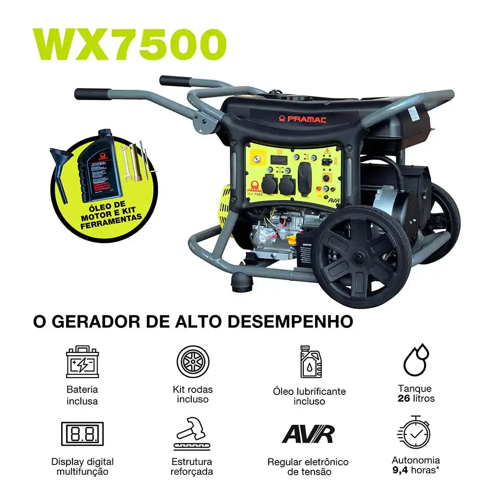 Gerador à gasolina 7.5 KVA digital com avr 4T WX7500 bivolt com bateria Pramac — fotografia 2