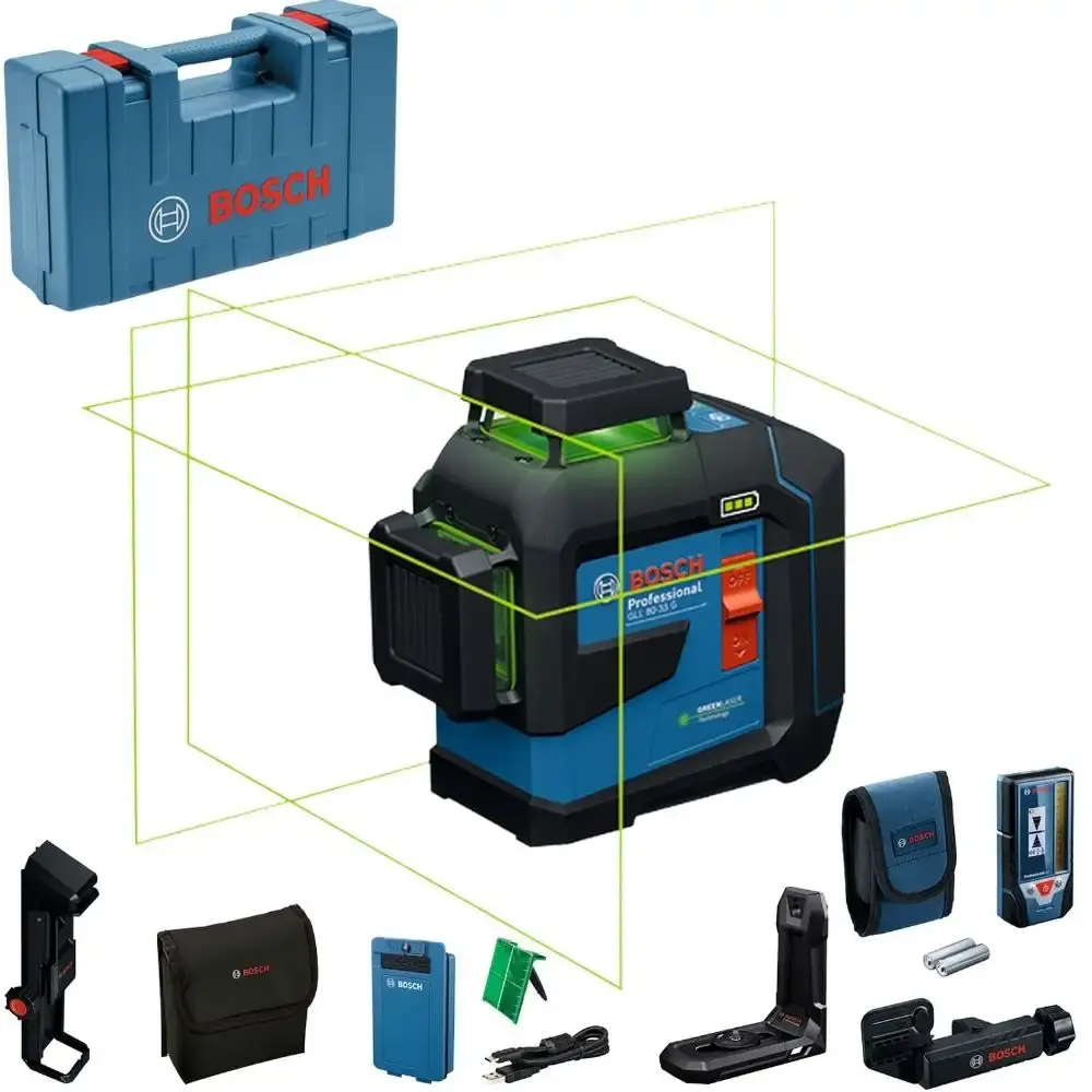Nível a laser de linhas verdes 160M 360° GLL 8033 g com receptor LR7 e maleta Bosch