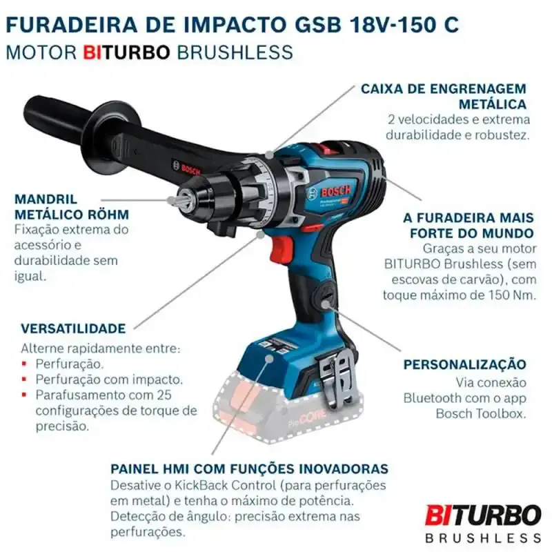 Parafusadeira furadeira à bateria 18V com impacto sem bateria e carregador GSB18V-150 Bosch — fotografia 3