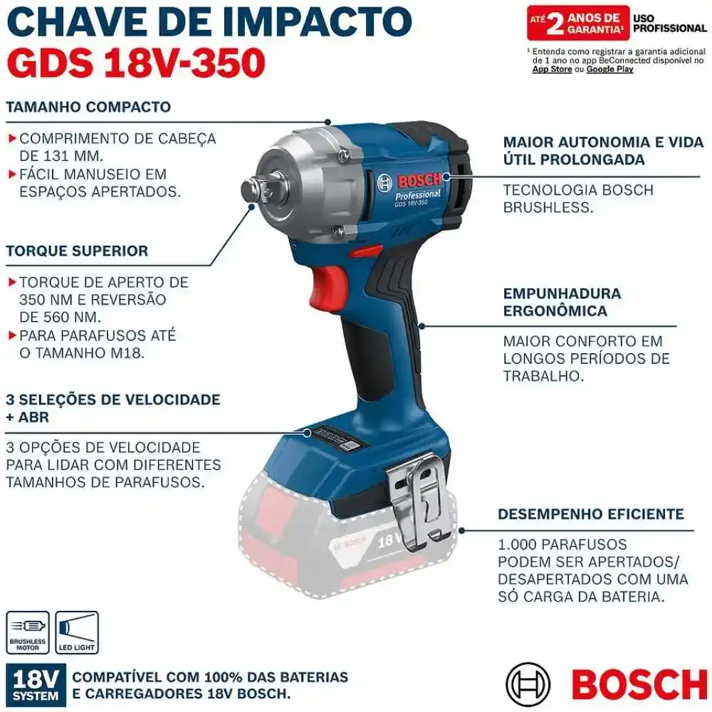 Chave de impacto a bateria 18V 1/2 POL 350 nm GDS 18V-350 Bosch — fotografia 9