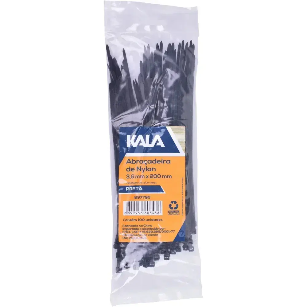 Abraçadeira nylon 3,6MM x 200MM preta 100 peç Kala