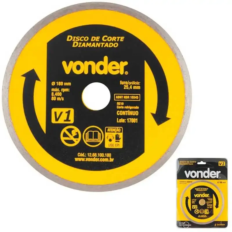 Disco de corte diamantado 7 POL 180 MM furo 22 MM V1 liso contínuo Vonder — fotografia de referência