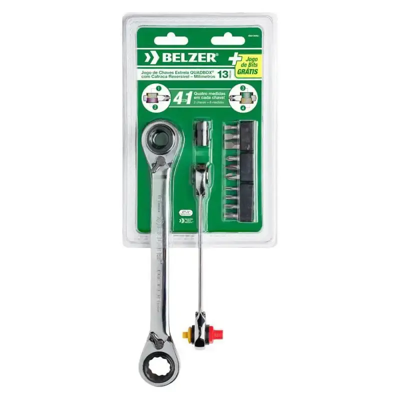 Jogo de chave catraca quadbox 6X + bits de 8 à 19 MM com 13 peças Belzer