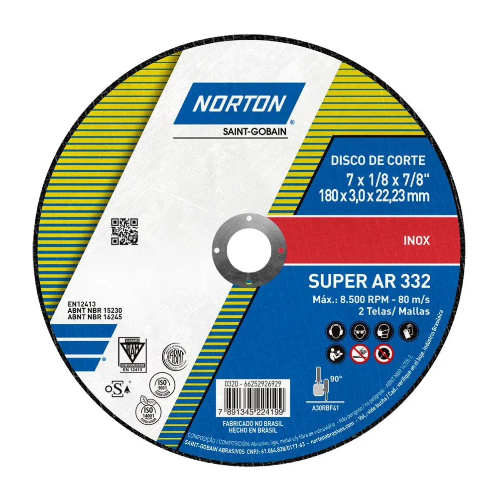 Disco de corte e desbaste super inox ar 332 180X3.0MM Norton — fotografia de referência