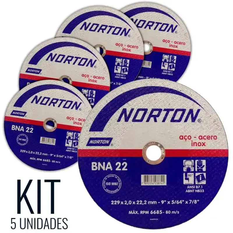 Disco de Corte para Metal e Inox 9 POL x 5/64 x 7/8 POL BNA22 Kit com 5 Unidades NORTON — fotografia de referência