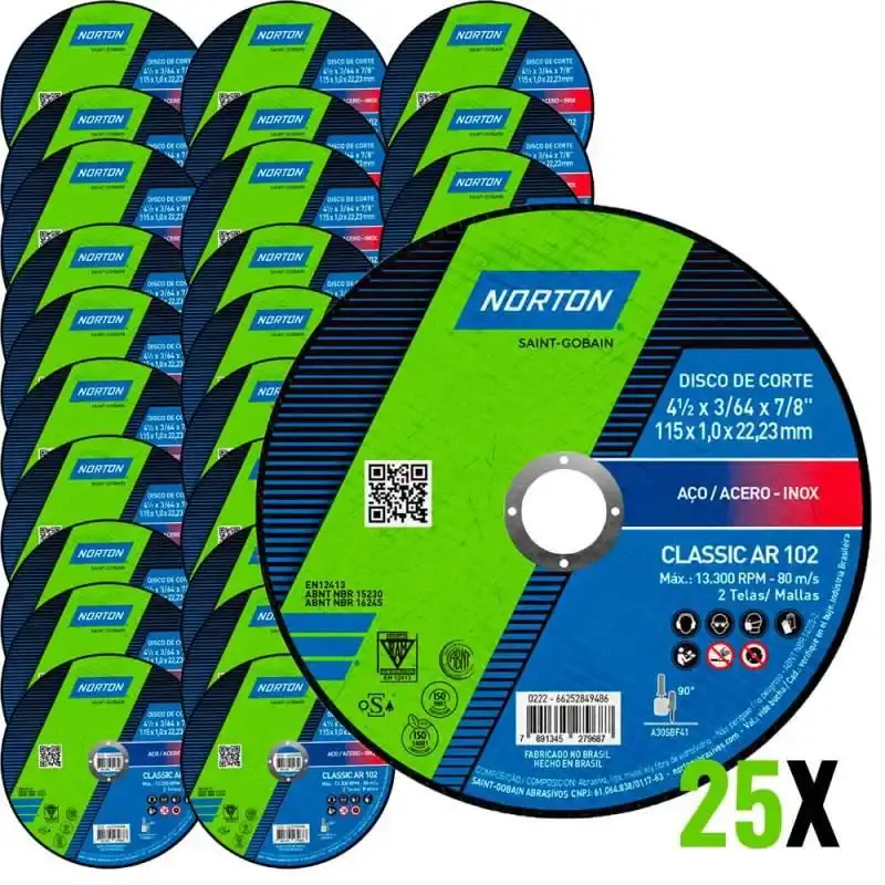 Kit discos de corte fino para inox 25 unidades classic Norton — fotografia de referência