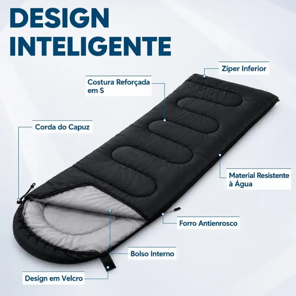 Saco de Dormir Camping Pesca Impermeável Confortável 2,10 x 72 CM c/ Capuz e Bolsa ZELT Preto — fotografia 4