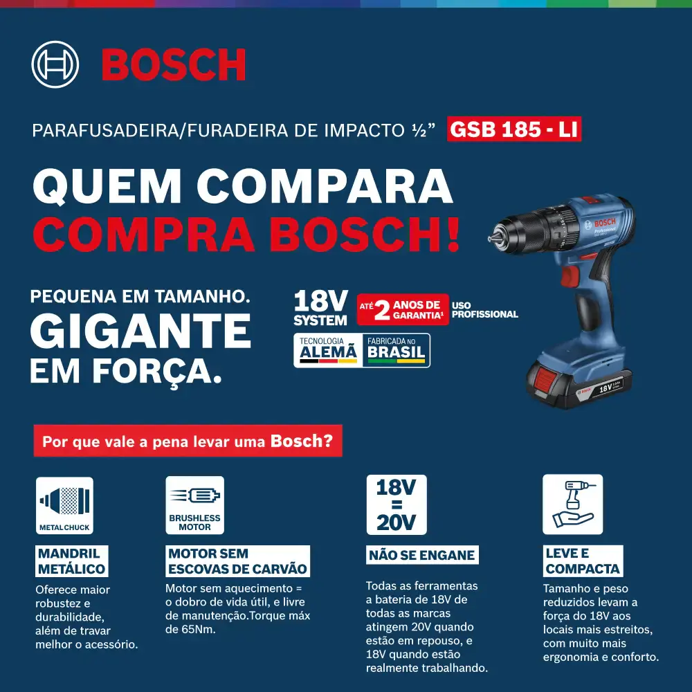 Parafusadeira bateria impacto 18V 65NM GSB 185-LI kit 2 baterias bivolt Bosch + kit 10 brocas — fotografia 2
