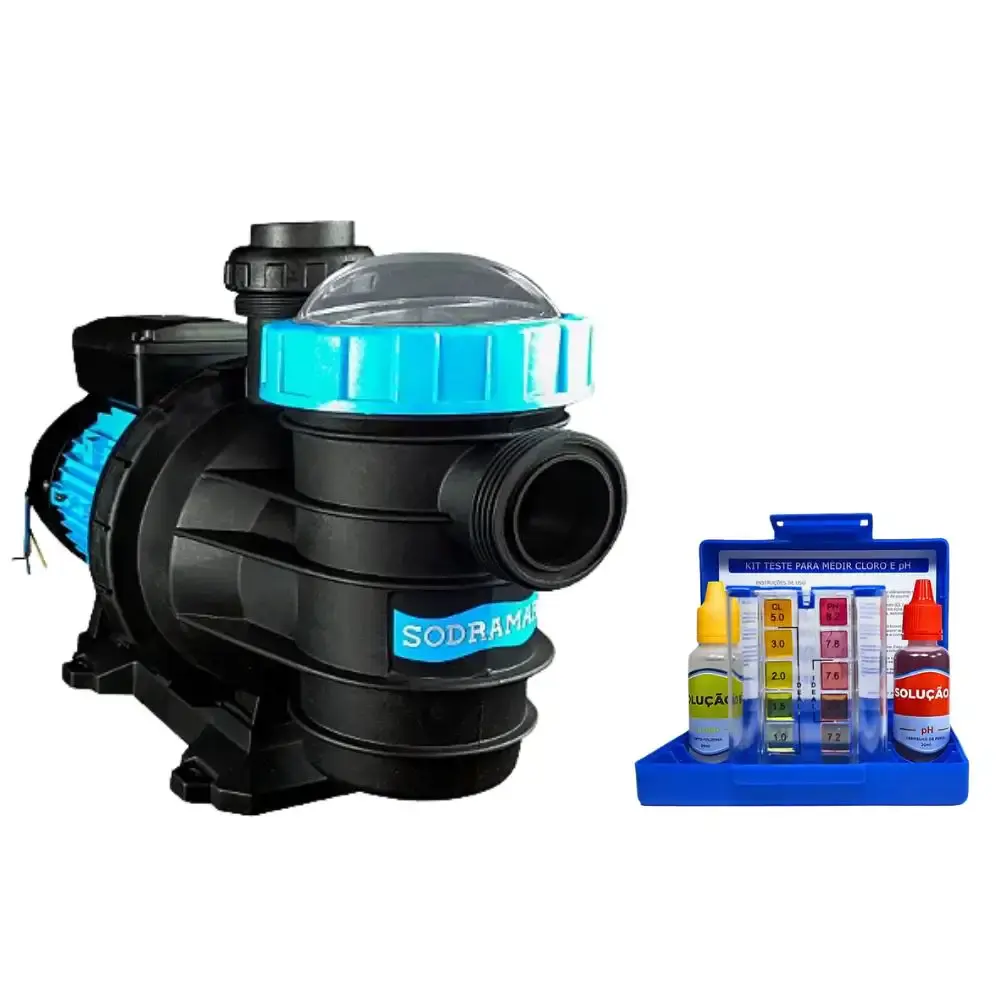 Bomba para piscina 1CV mono BMC-100 com kit teste PH e cloro de piscinas Sodramar — fotografia de referência