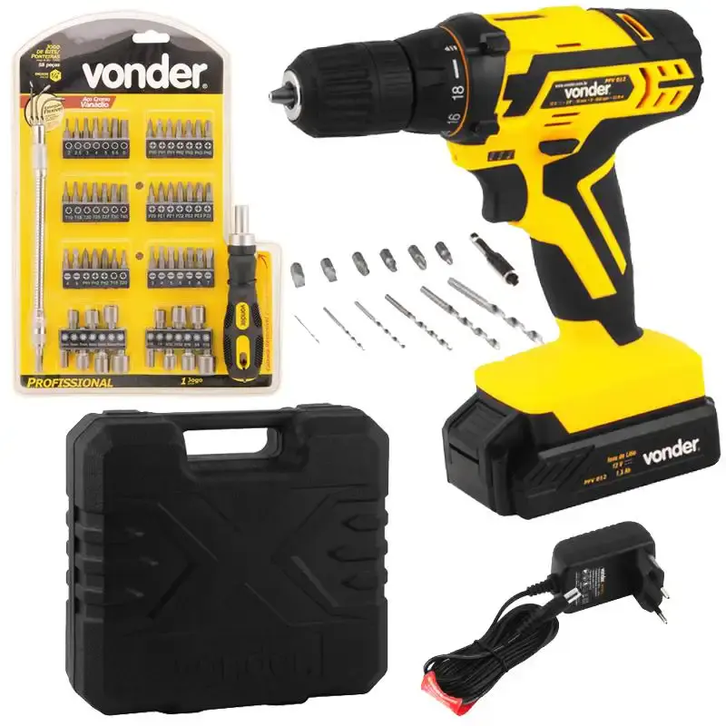 Furadeira e parafusadeira à bateria 12V bivolt PFV 012 + kit bits e ponteira 58 peças Vonder bivolt — fotografia de referência
