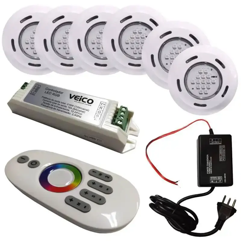 Kit iluminação para piscinas com 6 refletores. controlador RGB touchscreen LED e fonte Fluidra — fotografia de referência