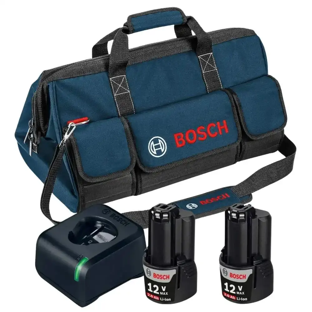 Bolsa para ferramentas grande com 2 baterias 2,0AH 12V e carregador bivolt Bosch — fotografia de referência