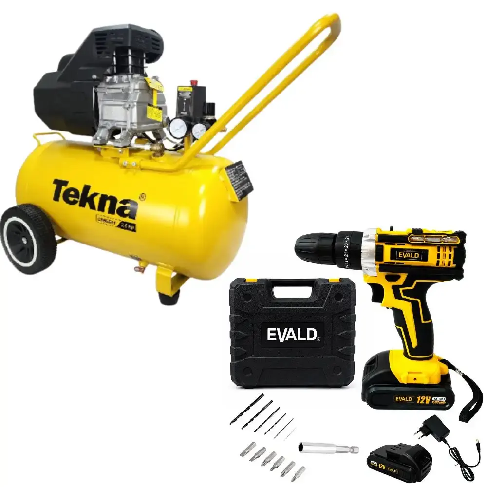 Compressor de ar 43L 2,5HP 220V com parafusadeira furadeira de impacto 12V bivolt Tekna evald