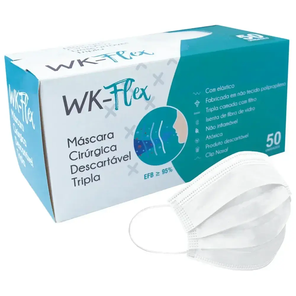 Máscara cirúrgica descartável tripla branca 50 peç wk-flex Topdesc — fotografia 4