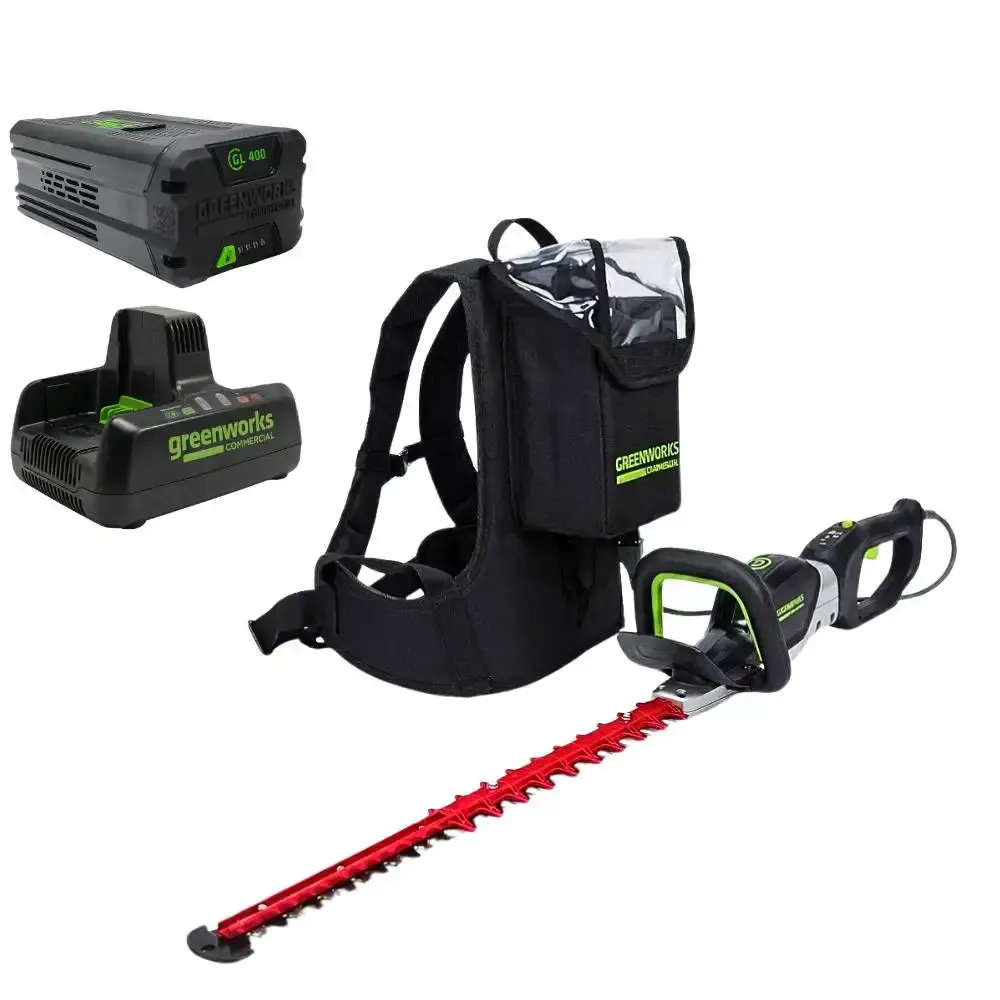 Aparador de cerca viva 82V com mochila + bateria 4,0AH + carregador bivolt Greenworks — fotografia de referência