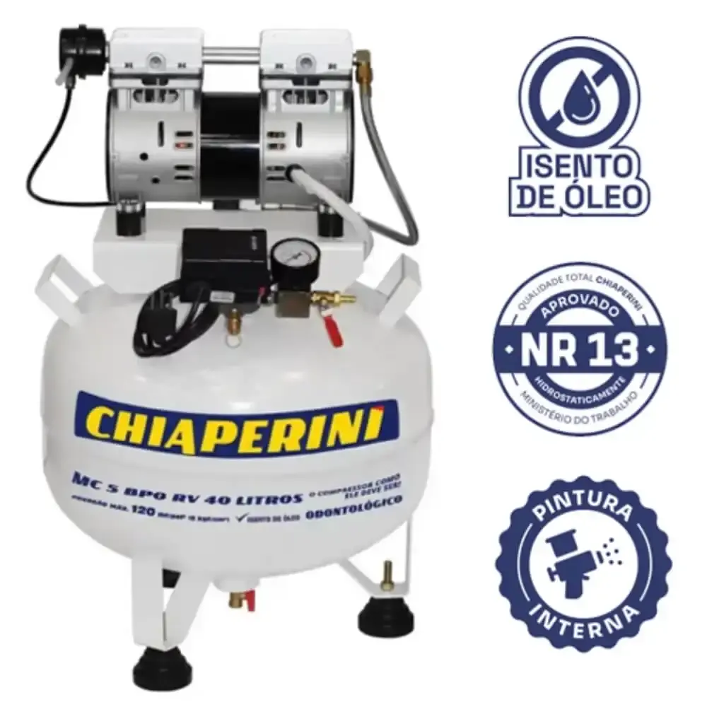 Compressor odontológico 5,2 pés 40 litros sem óleo MC 5 BPO RV Chiaperini 110 V — fotografia 9