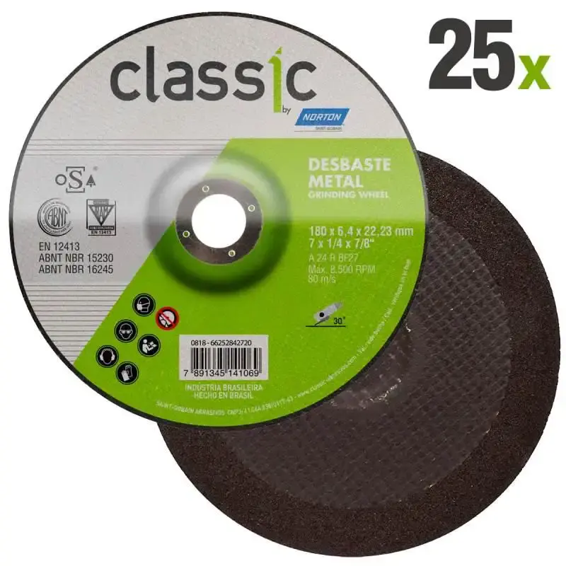 Disco de Desbaste Metal 7 POL x 6.4 MM Furo 7/8 POL Classic Kit 25 Peças NORTON — fotografia de referência