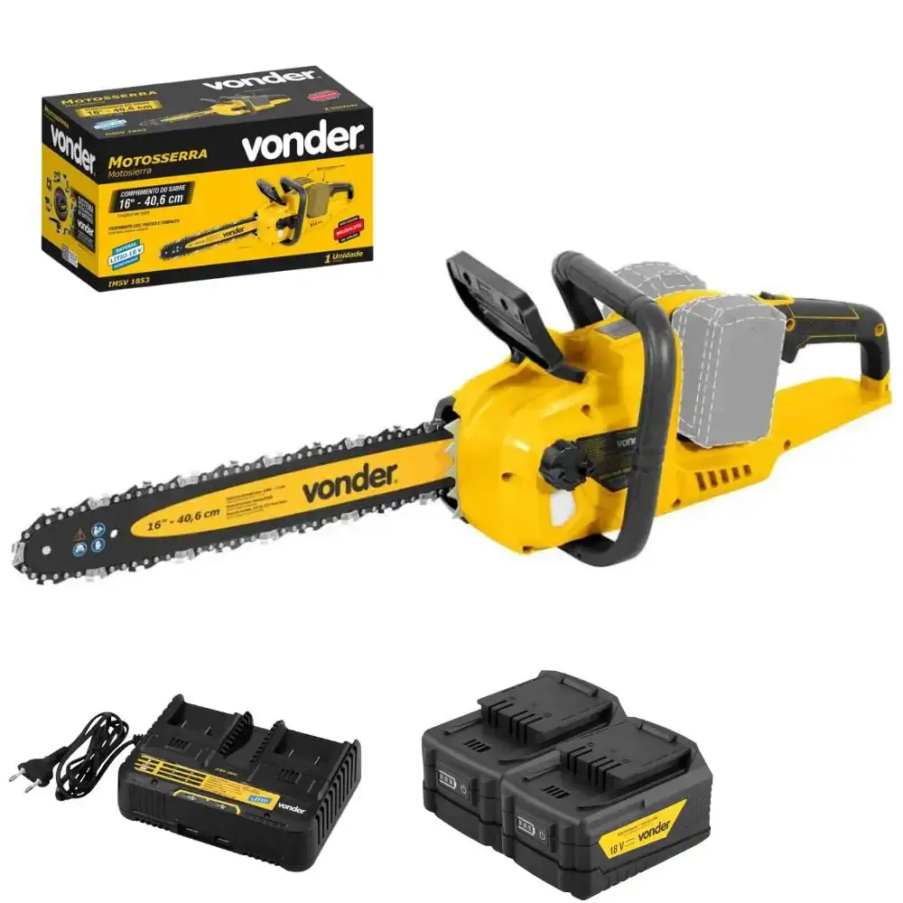 Motosserra à bateria 36V brushless com 2 baterias 18V 5AH e carregador duplo bivolt Vonder — fotografia de referência