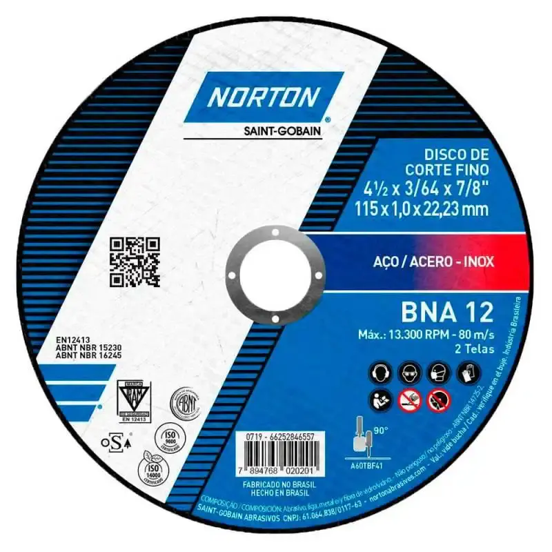 Disco de corte para metal e inox 4.1/2 POL BNA 12 kit com 10 unidades Norton — fotografia 3