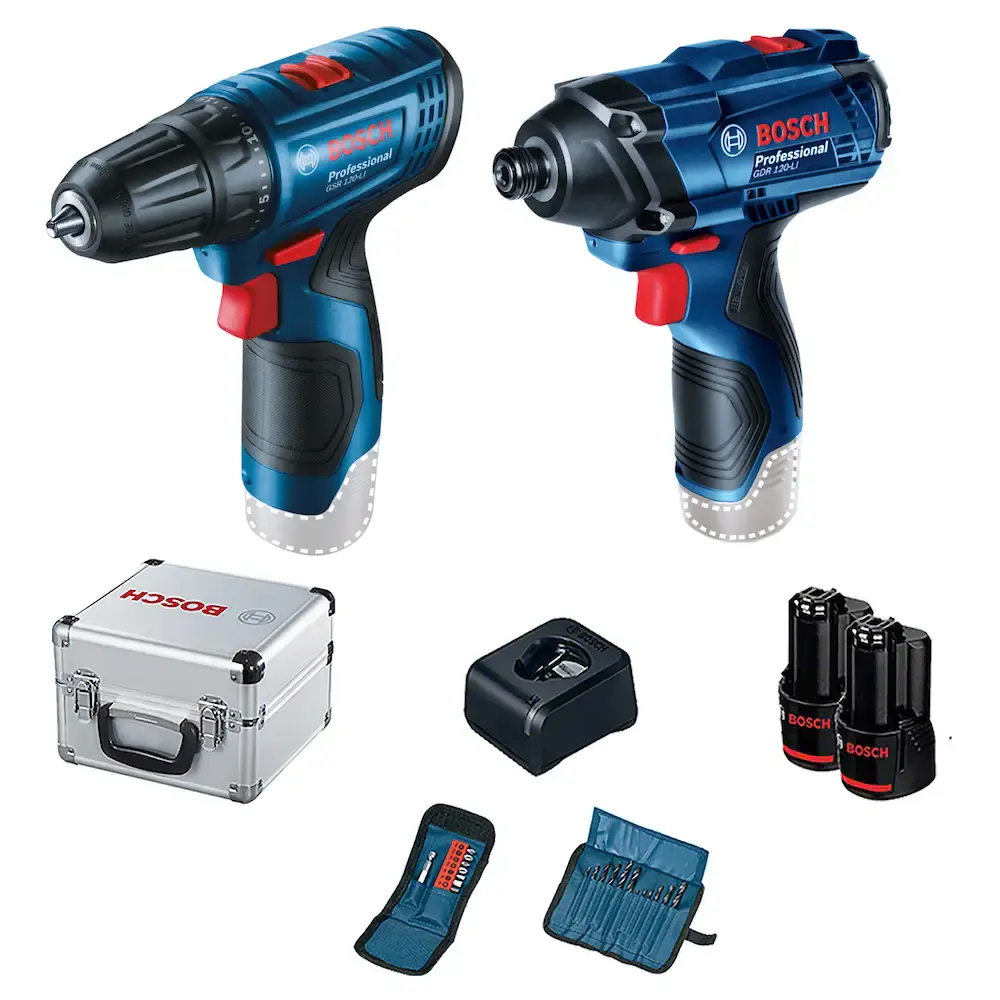 Kit furadeira e parafusadeira GSR 120-LI + chave de impacto GDR 120-LI com maleta alumínio + 2 kits Bosch Bivolt