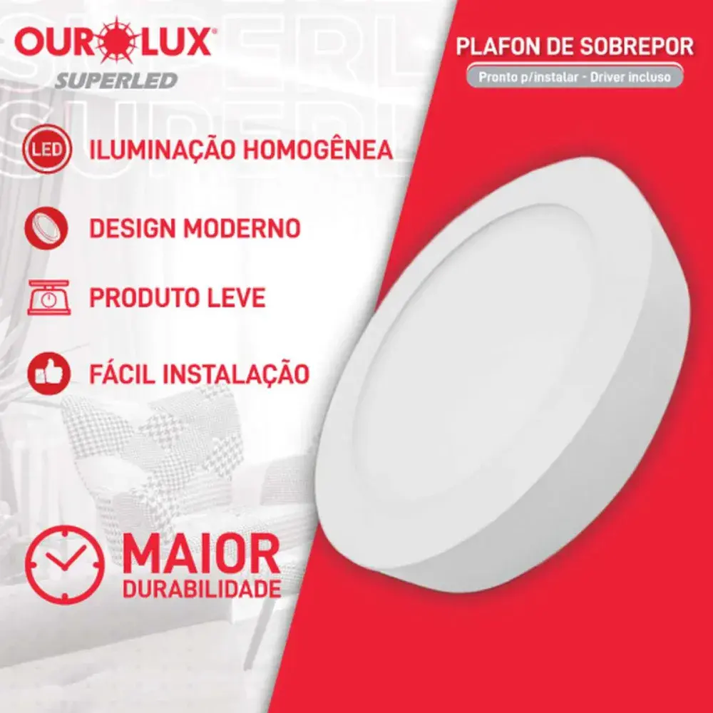 Painel led redondo sobrep 12W 2700K biv Ourolux — fotografia 2