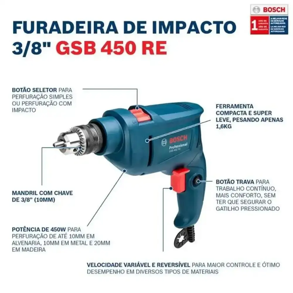 Furadeira de impacto industrial 3/8POL 450W com kit de pontas 30 peças Bosch 110 V — fotografia 5