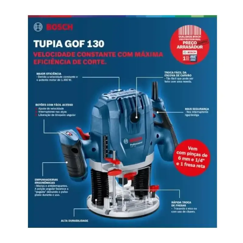 Tupia de coluna 6 MM 1300W profissional com acessórios GOF 130 Bosch 110 V — fotografia 6