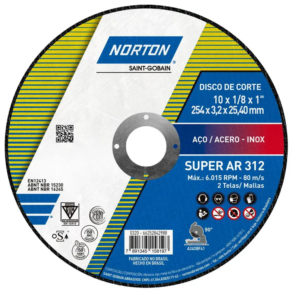 Disco de corte super aços AR312 254X25,40MM Norton — fotografia de referência