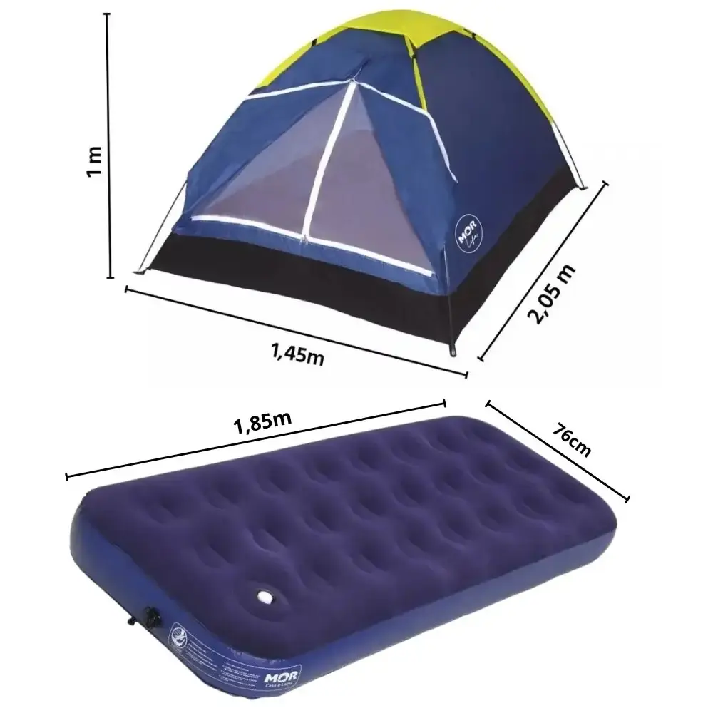Barraca iglu para camping 2 pessoas azul com colchão inflável solteiro e inflador mecânico Mor — fotografia 3