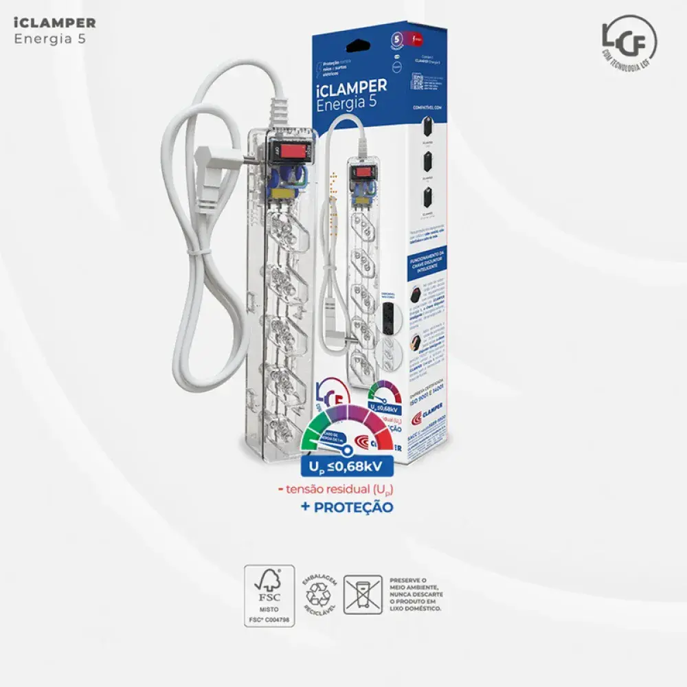 Filtro de linha dps CL3 5 tomadas 2P+T 10A transparente Clamper — fotografia 3