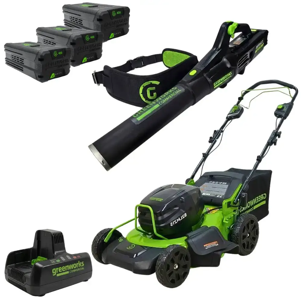 Cortador de grama 82V + soprador 760CFM + 3 baterias 4,0AH + carregador bivolt Greenworks — fotografia de referência