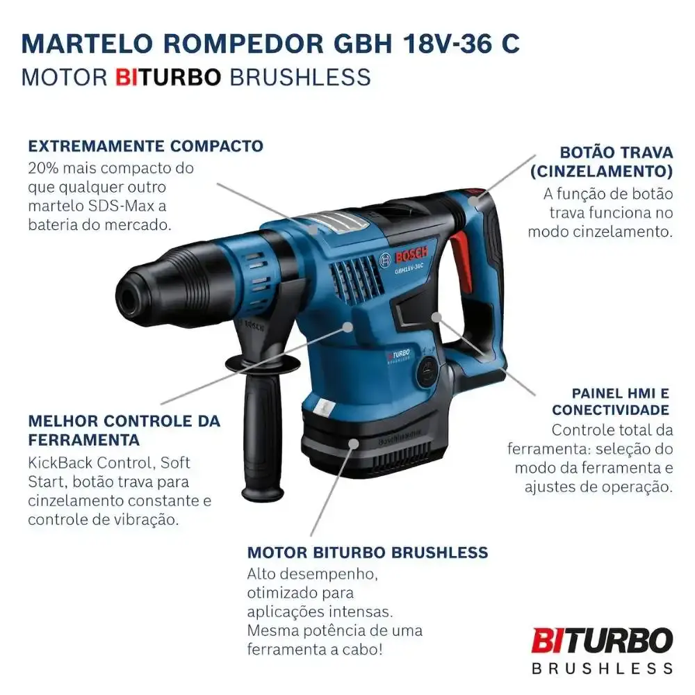 Martelete perfurador max 18V 7J 5KG brushless com bateria 4AH Bosch — fotografia 5