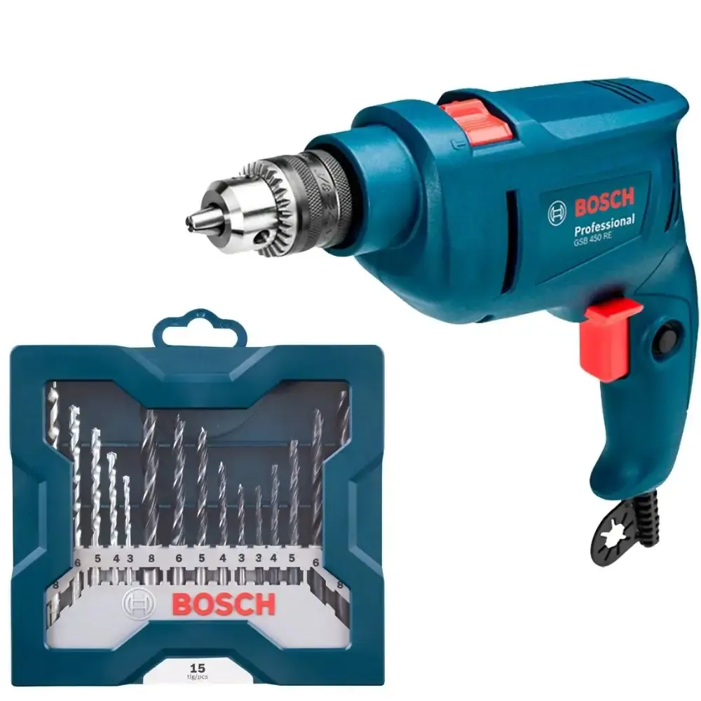 Furadeira impacto 3/8 POL 450W GSB 450 RE com estojo de brocas 15 peças Bosch — fotografia de referência