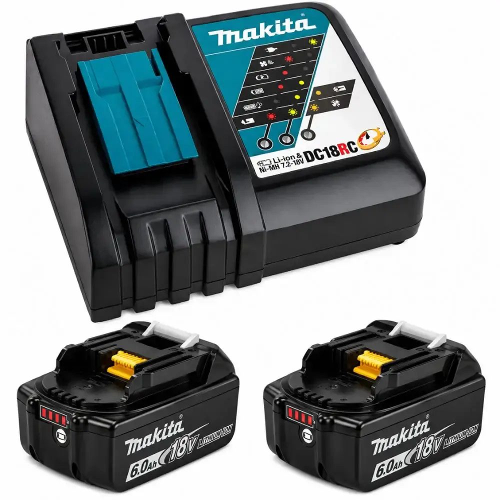 Carregador bivolt DC18WC com 2 baterias 18V 6,0AH BL1860B Makita — fotografia de referência