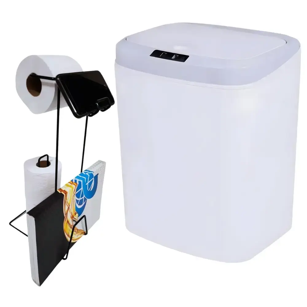 Lixeira automática branca 16 litros USB Kala com suporte para papel higiênico 3 rolos preto evald — fotografia de referência