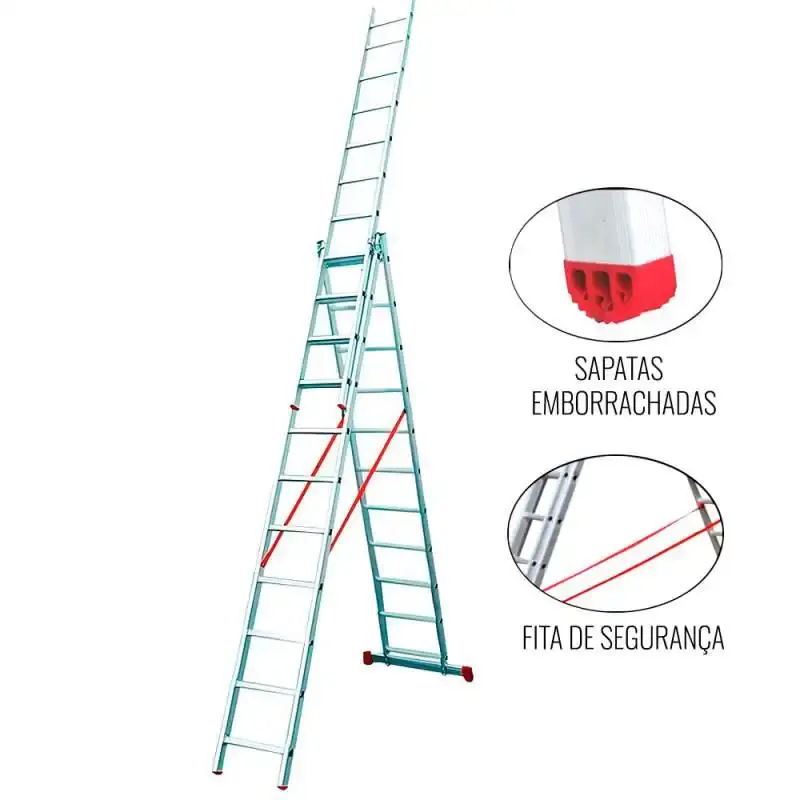 Escada de alumínio tripla extensiva 3 x 11 degraus ESC0711 Botafogo — fotografia de referência