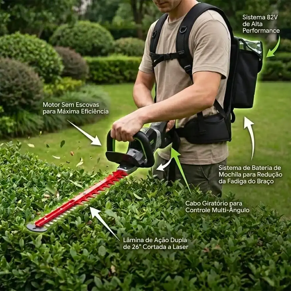 Aparador de cerca viva 82V com mochila + bateria 4,0AH + carregador bivolt Greenworks — fotografia 4