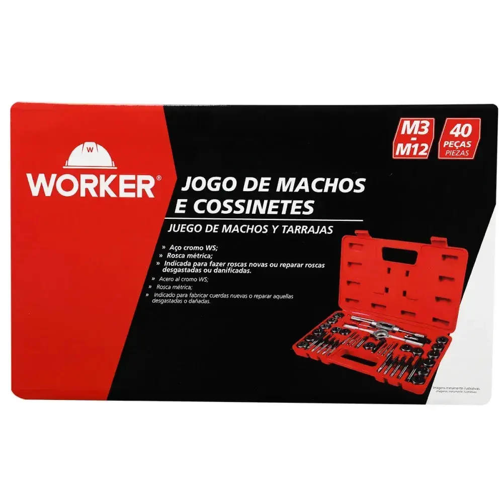Jogo machos e cossinetes 40 peç milimétrico M3-M12 Worker — fotografia 10