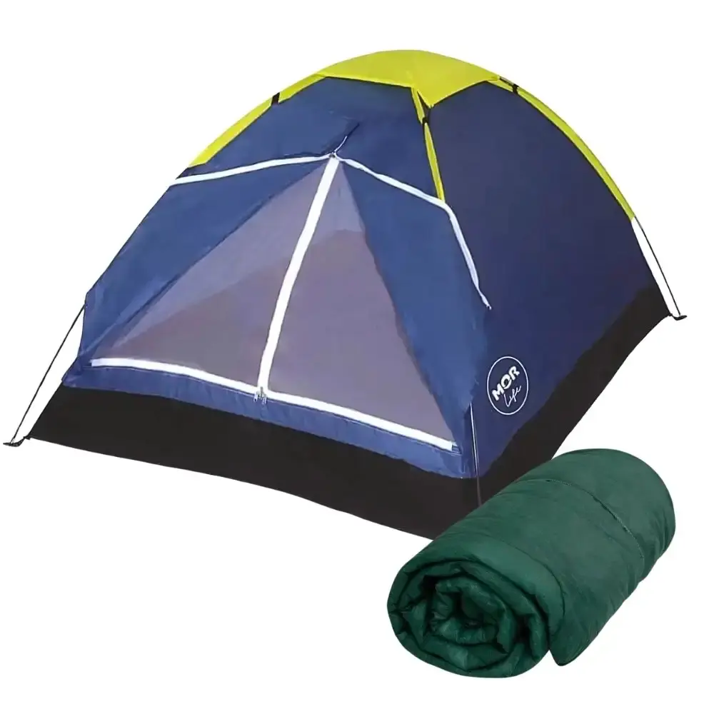 Barraca iglu para camping azul 2 pessoas com saco de dormir Mor — fotografia de referência