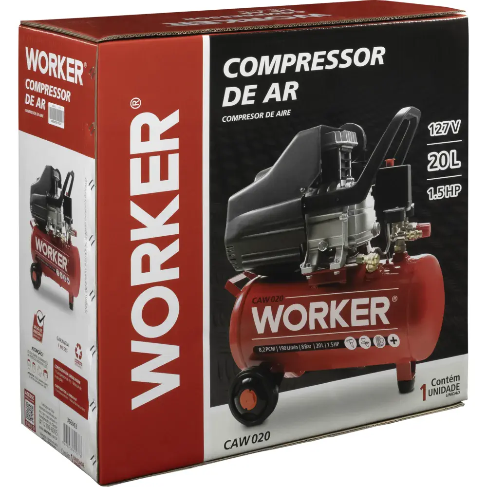 Compressor de ar 1.5HP 20L 8BAR Worker — fotografia 7